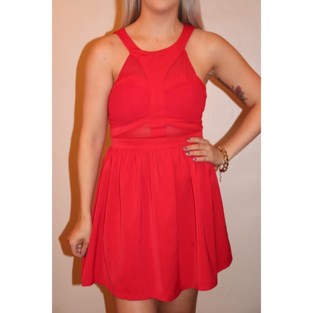 TOBI; DO & BE Red Fit & Flare Dress with Cut-Outs - Picture 2 of 5